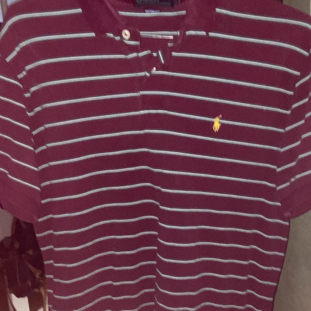 Large maroon with small green/white stripes short sleeve Ralph Lauren Polo